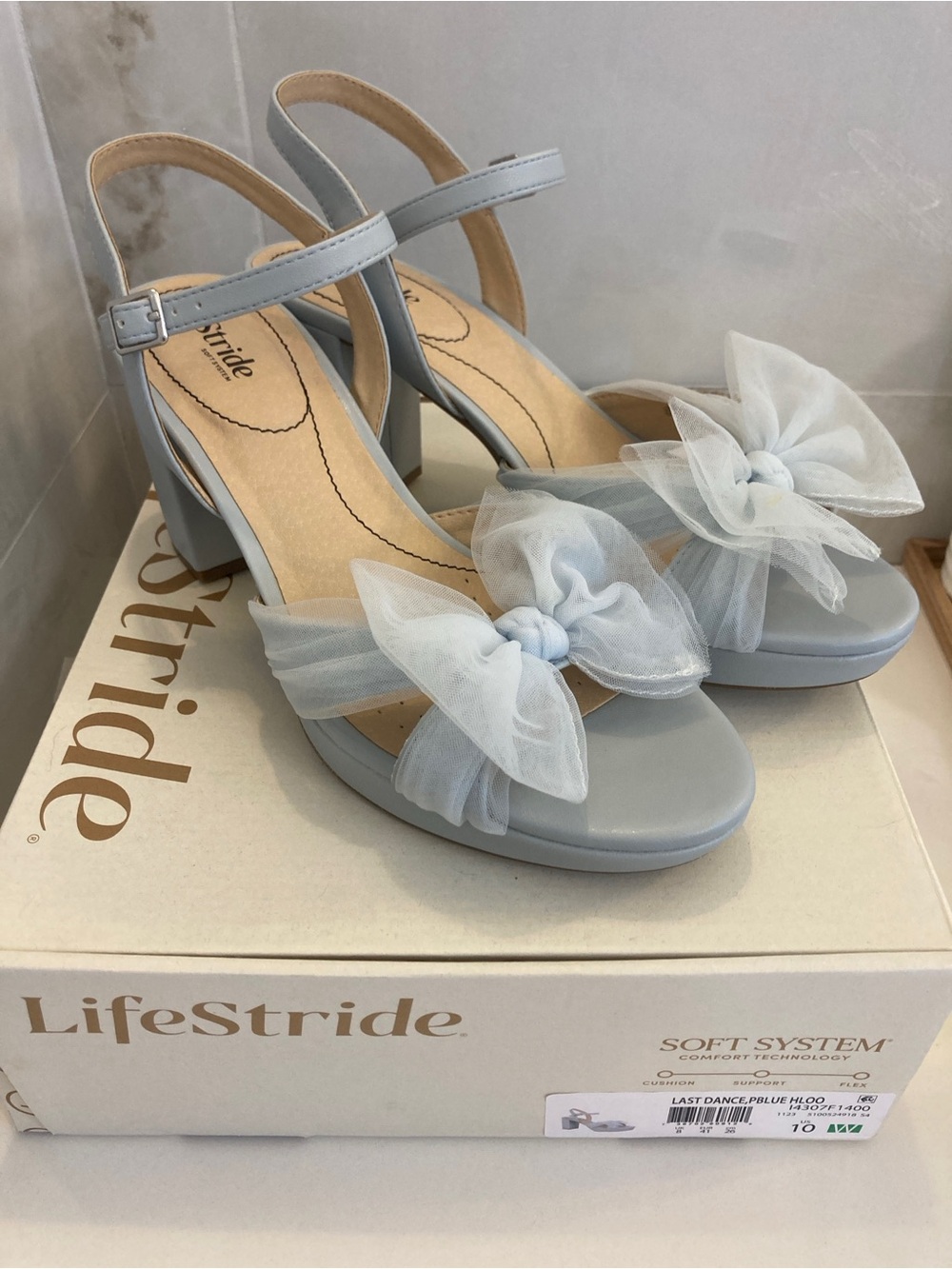 Life Stride Light Blue Tulle Bow Block Heel Sandals for Women